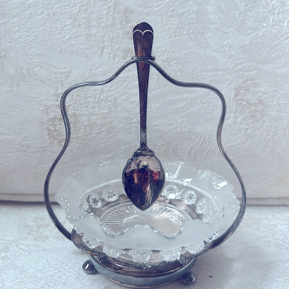 E & J Leek EPNS Holder Celtic Plate w/ Glass Bowl & Silver Spoon